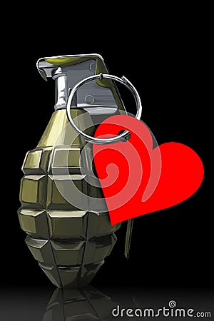 A combat grenade with a red heart hanging on a ring. The concept of strong feelings and love. Black background. Valentine`s Day Stock Photo