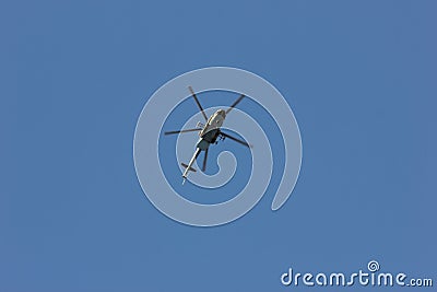 Combat helicopter of the armed forces of Russia. Beautiful view in flight. Stock Photo