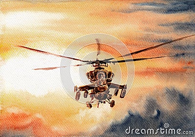 Combat helicopter flying in formation on background of colorful sunset with clouds. Stylised military scene. Hand drawn Stock Photo