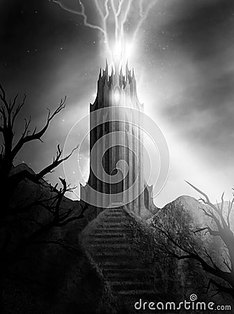 A combat, magical tower with bright, heavenly lightning, emits a deadly, striking beam. A high, symmetrical fortress Stock Photo