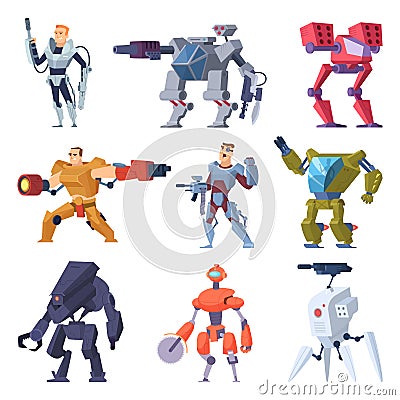 Combat robots. Armor transformers android protective electronic soldier future weapon vector characters Vector Illustration