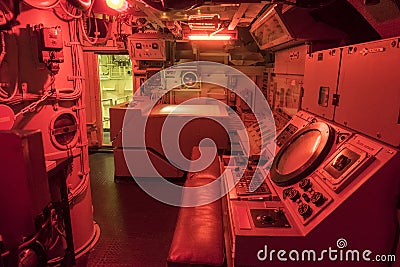 Combat station in the nuclear submarine Redoutable of French navy at the maritime museum Cite de la Mer in Cherbourg Editorial Stock Photo
