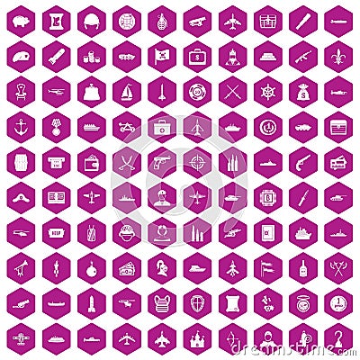 100 combat vehicles icons hexagon violet Vector Illustration