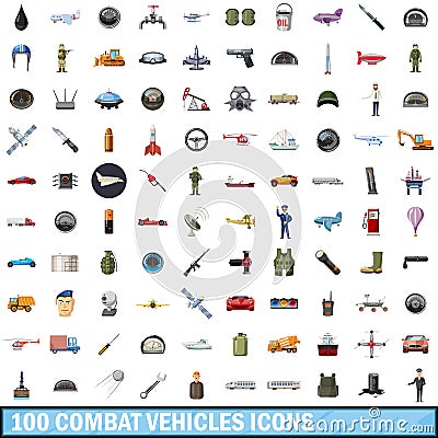 100 combat vehicles icons set, cartoon style Vector Illustration