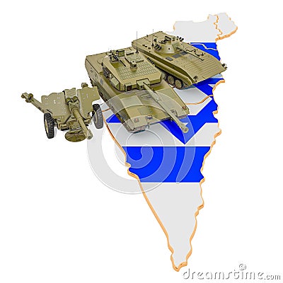 Combat vehicles on Israeli map. Military defence of Israel concept, 3D rendering Stock Photo