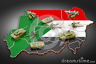 Combat vehicles on Sudanese map. Military defense of Sudan concept, 3D rendering Stock Photo