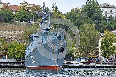 Combat warship of the Russian Navy in the port of Sevastopol. Russian ships on combat duty. Editorial Stock Photo