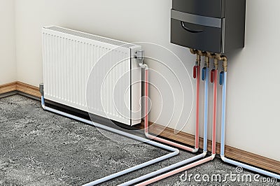 Combi boiler on the house wall, next to the heating radiator. Radiator pipes diagram. 3D illustration Cartoon Illustration