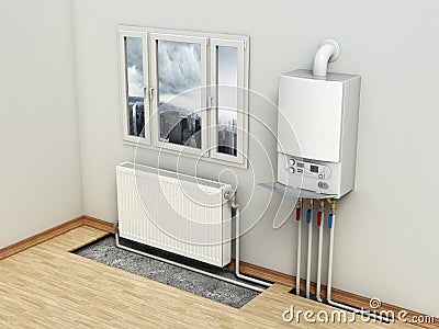 Combi boiler on the house wall, next to the heating radiator. Visible installation of heating tubes. 3D illustration Cartoon Illustration