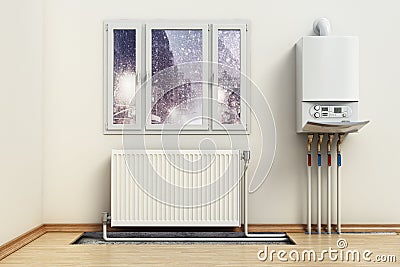 Combi boiler on the house wall, next to the heating radiator. Visible installation of heating tubes. 3D illustration Cartoon Illustration