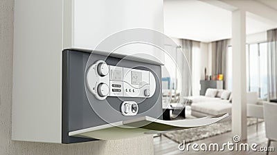 Combi boiler on the wall with contemporary living room view. 3D illustration Cartoon Illustration