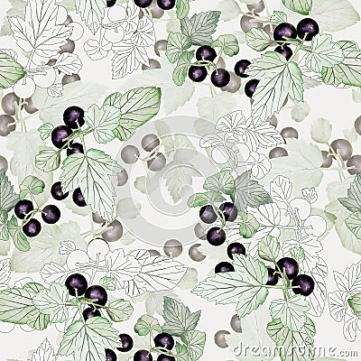 Combination of garden blackcurrant, watercolor and fine graphics. Beautiful berry seamless pattern. Stock Photo