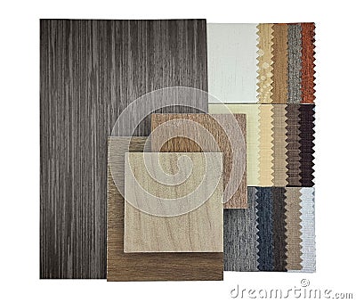 combination of interior material samples contain oak wooden ceramic flooring tiles, fabric catalog in luxury brown and grey color Stock Photo