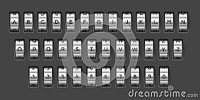 Combination lock font. Realistic mechanical code. Rotating alphabet. Bank safe wheels set with letters and numbers. Secret options Vector Illustration