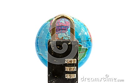 Combination lock and globe Stock Photo