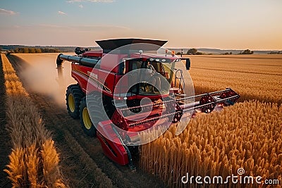 A combine harvester in full action on a lush crop field Stock Photo