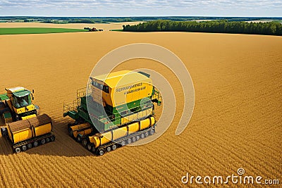 The combine harvester pours corn grain into the truck. Stock Photo