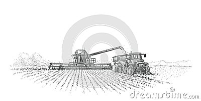 Combine Harvester and tractor working in field illustration. Vector. Vector Illustration