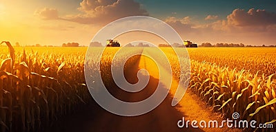 Combine harvester working on a corn field at sunset. Stock Photo