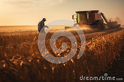 Combine harvester working in a wheat field at sunset. A busy farmer harvesting crops in the field under the intense afternoon sun Stock Photo