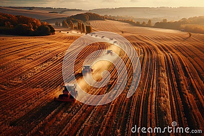 Combine harvesters working on an autumn field Stock Photo