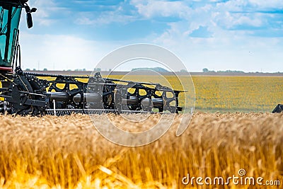 Combine mower for harvesting wheat. Stock Photo