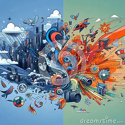 Combines different animation styles or techniques such as blend Stock Photo