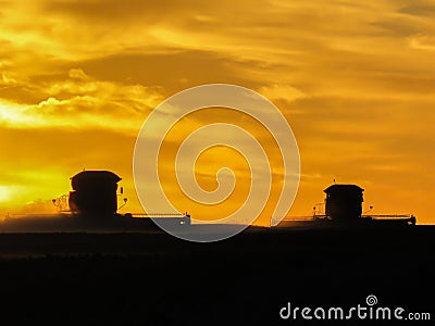 Combines in the sunset Stock Photo