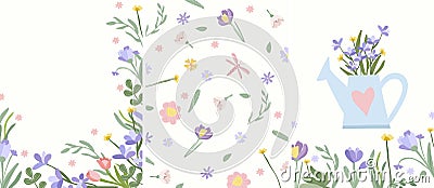 Combo of bright compositions with spring flowers, butterflies, garden watering can, green leaves. Postcards Spring Vector Illustration