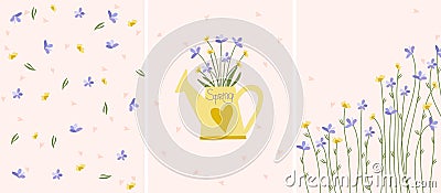 Combo of bright compositions with spring flowers in garden watering can, decorative flowers and leaves. Postcards Spring Vector Illustration