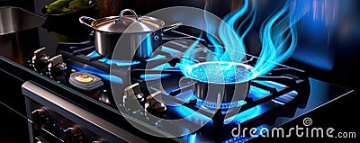 Modern kitchen stove cook with blue flames burning. generative ai Stock Photo