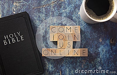 Come Join Us Written in Block Letters on a Blue Wood Table with a Bible Stock Photo