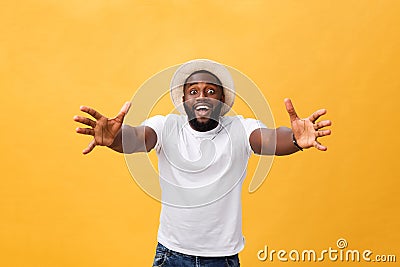 Come in my arms. Portrait of joyful friendly and happy handsome African American man with beard and short haircut Stock Photo