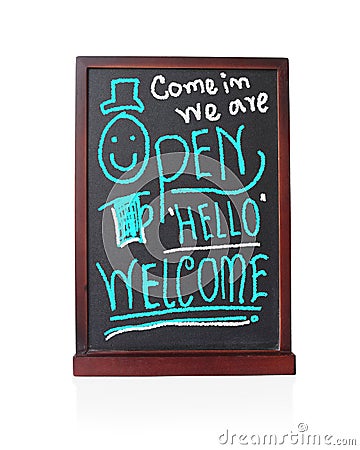 Come in we are open hello welcome on chalkboard Stock Photo
