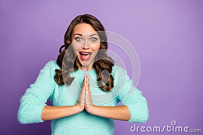 Come on. Photo of beautiful crazy curly lady holding hands together begging join her black friday shopping wear casual Stock Photo