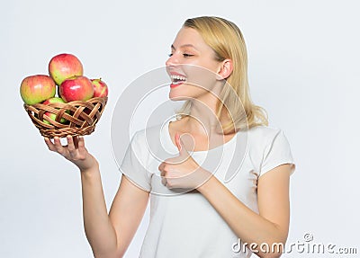 Come up with idea to cook. Girl live healthy life. Apple organic fruit. Eat healthy. Good apple pies considerable part Stock Photo