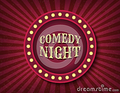 Comedy Night circus template of stock banner. Brightly glowing retro cinema neon sign. Circus style show banner template. Vector Illustration