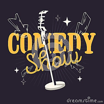 Comedy Show Design With Old Fashioned Microphone. Vector Illustration
