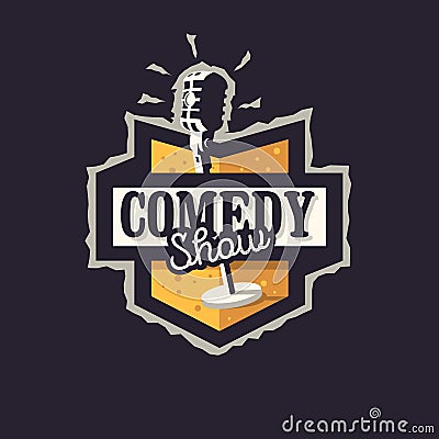 Comedy Show Logo Badge Emblem Design With Old Fashioned Microphone. Vector Illustration