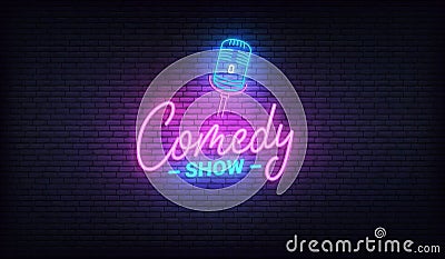 Comedy show neon template. Comedy lettering and glowing neon microphone Vector Illustration