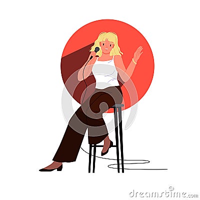 Comedy standup show, girl with microphone jokes on theater stage in spotlight red circle Vector Illustration