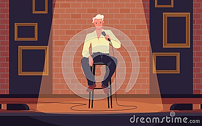 Comedy standup show with male talent comedian jokes on theater stage in spotlight Vector Illustration