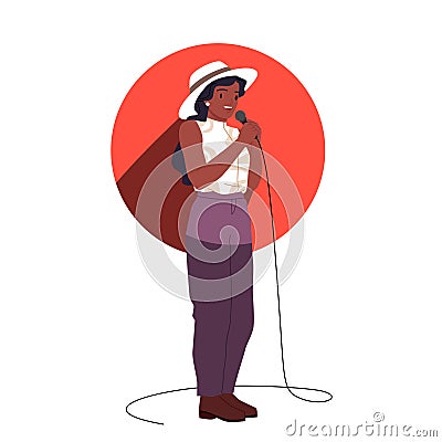 Comedy standup show with talent girl jokes on theater stage in spotlight red circle Vector Illustration