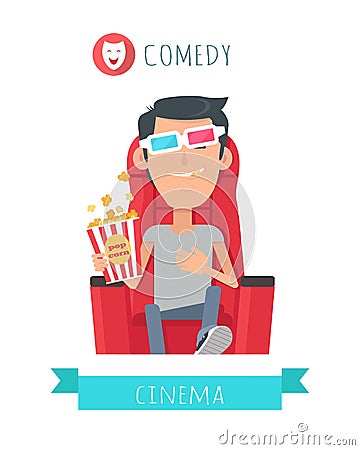 Comedy Story. Man in Cinema Seat Entertainment Vector Illustration