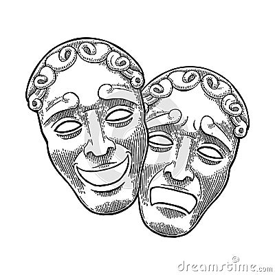 Comedy and tragedy theater masks. Vector engraving vintage black illustration Vector Illustration