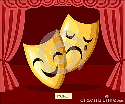 Comedy and tragedy theatrical masks. Golden theater masks. Greek culture. Flat vector illustration on stage background Cartoon Illustration
