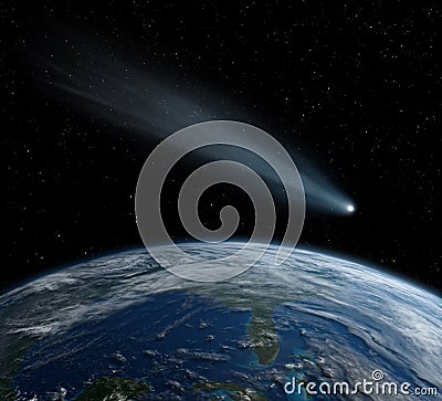 Comet, asteroid, meteorite flying to the planet Earth. Glowing asteroid and tail of a falling comet threatening the safety of the Stock Photo