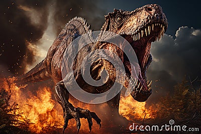 Comet Hitting Earth Causing Extinction of Dinosaur in Their Habitat with Blazing Fire and Cloudy Sky Stock Photo