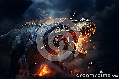 Comet Hitting Earth Causing Extinction of Dinosaur in Their Habitat with Fire Everywhere Stock Photo