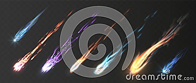 Comets and meteorite set. Vector realistic meteors and fireballs with fire trails. Meteor rain vector elements Vector Illustration